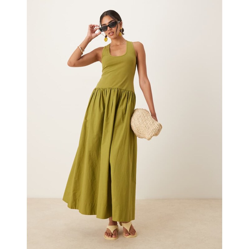ASOS DESIGN scoop neck hybrid maxi dress in tonal olive-Green