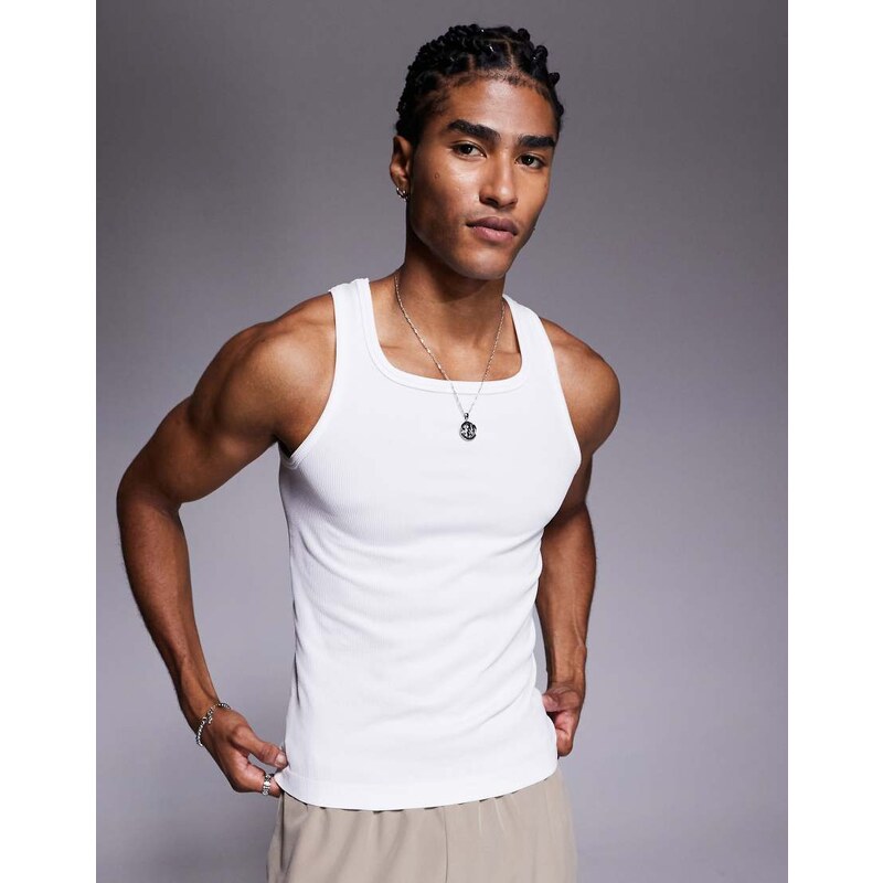 4505 square neck slim fit seamless rib training vest in white