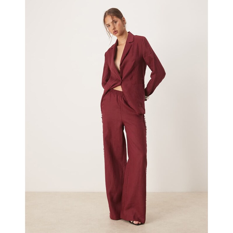 Mango co-ord 100% linen frayed edge pull on trouser in dark red 115715492