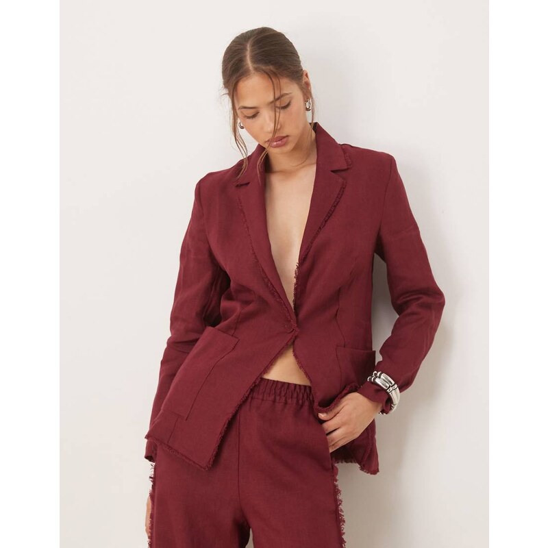 Mango co-ord 100% linen frayed edge fitted blazer in dark red 107025350