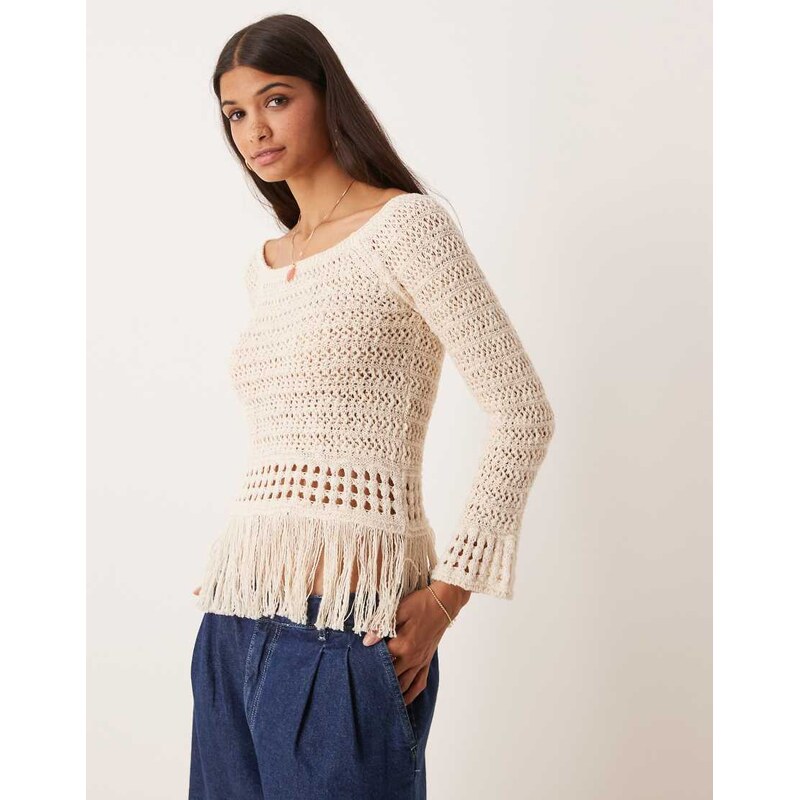 ASOS DESIGN crochet look off shoulder jumper with fringe hem in stone-Neutral