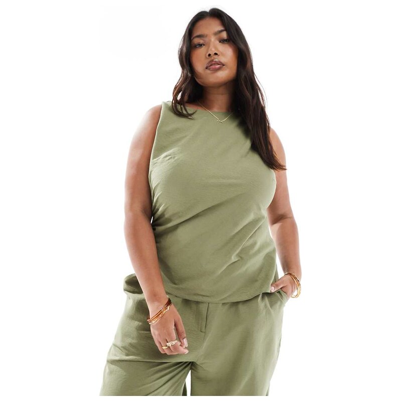 ASOS Curve ASOS DESIGN Curve asymmetric ruched top co-ord in khaki 115512757