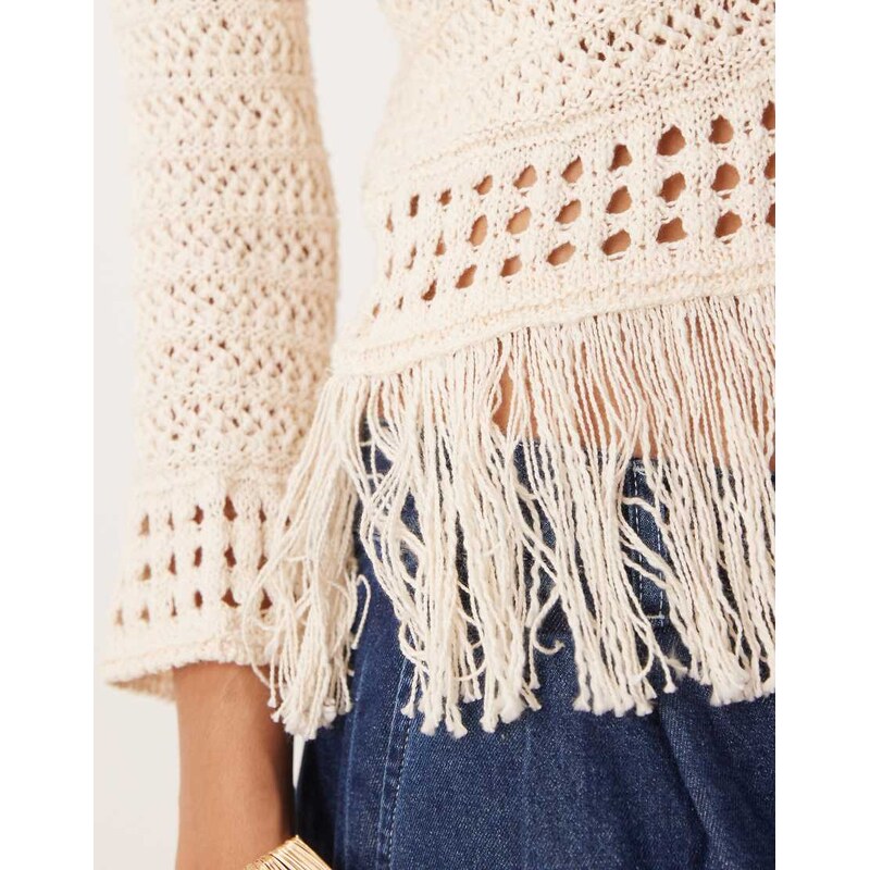 ASOS DESIGN crochet look off shoulder jumper with fringe hem in stone-Neutral