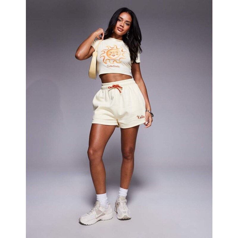 Kaiia cotton rich embroidered logo sweat shorts co-ord in yellow