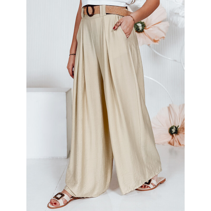 BASIC Béžové široké dámské kalhoty z viskózy s elegantním páskem 106877321