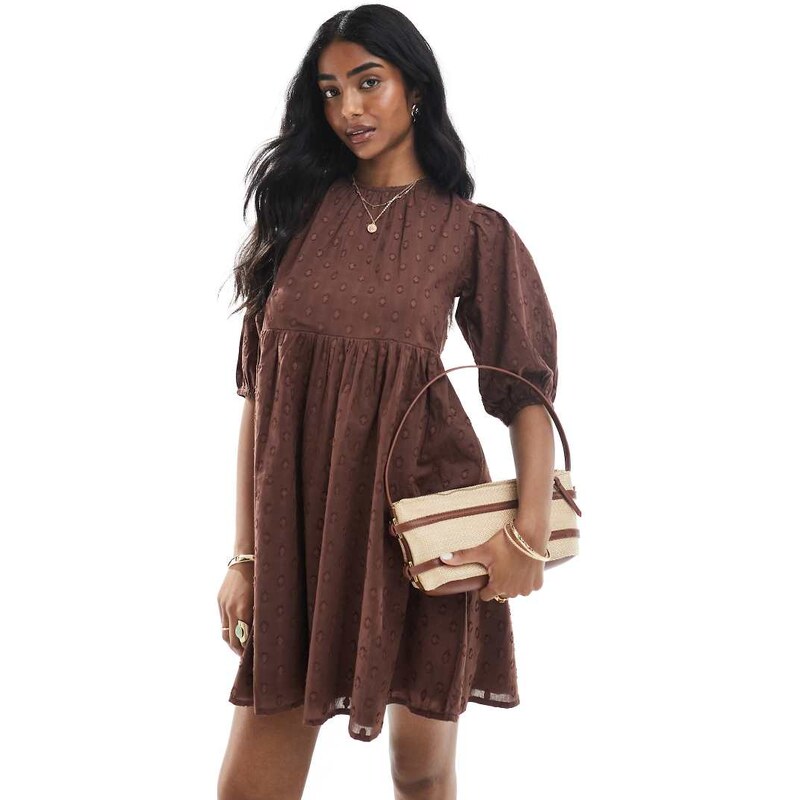 Wednesdays Girl puff sleeve dobby smock mini dress in brown 106915630
