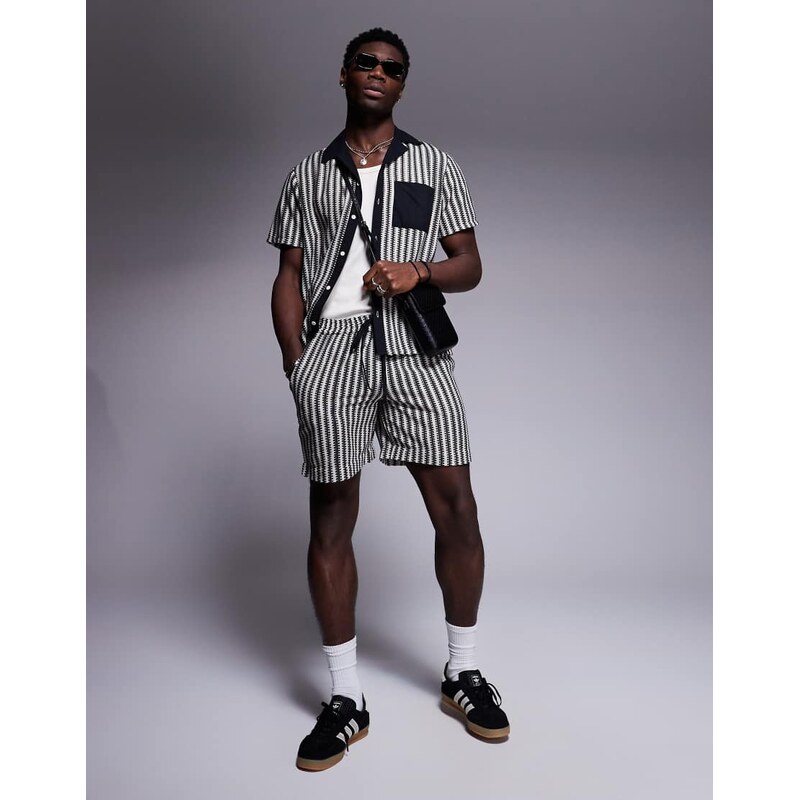 South Beach stripe knit beach short co-ord in black