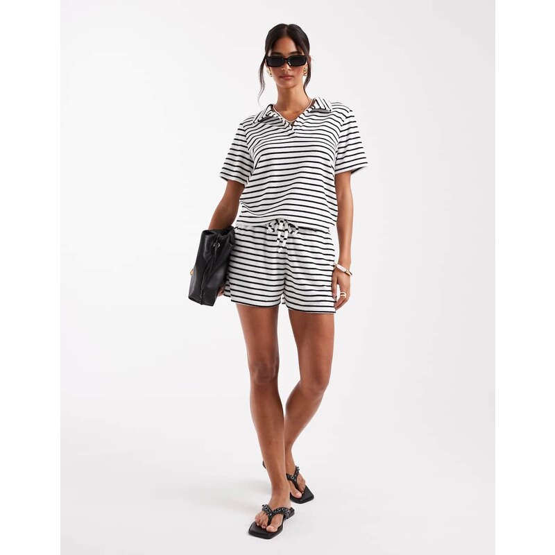 4th & Reckless towelling polo top co-ord in mono stripe-Multi