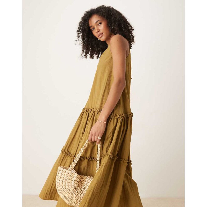 Ghospell tiered ruffle midaxi dress in olive-Green 106911703