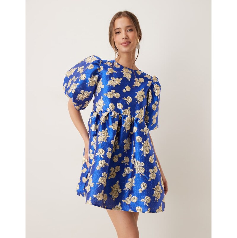 Dream Sister Jane golden floral jacquard mini dress in cobalt blue 106911716