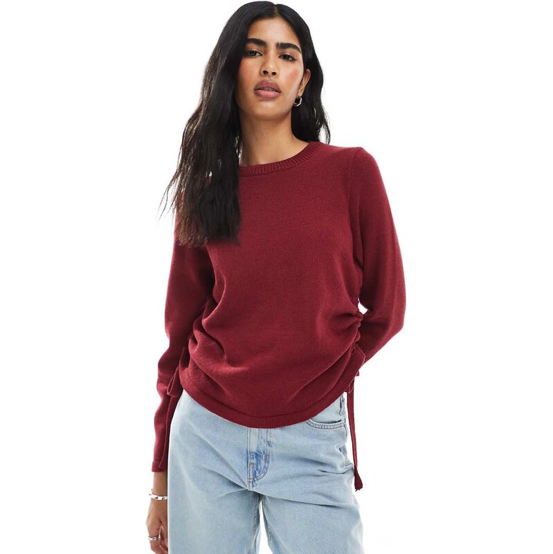 ASOS DESIGN knitted jumper with ruching in burgundy-Red 106911758