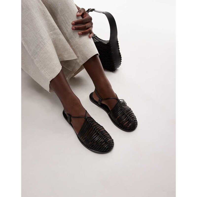 Topshop Aidan leather weave tie up flat shoe in black