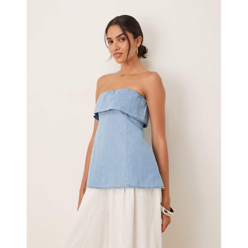 ASOS DESIGN denim fold over bandeau top in light blue