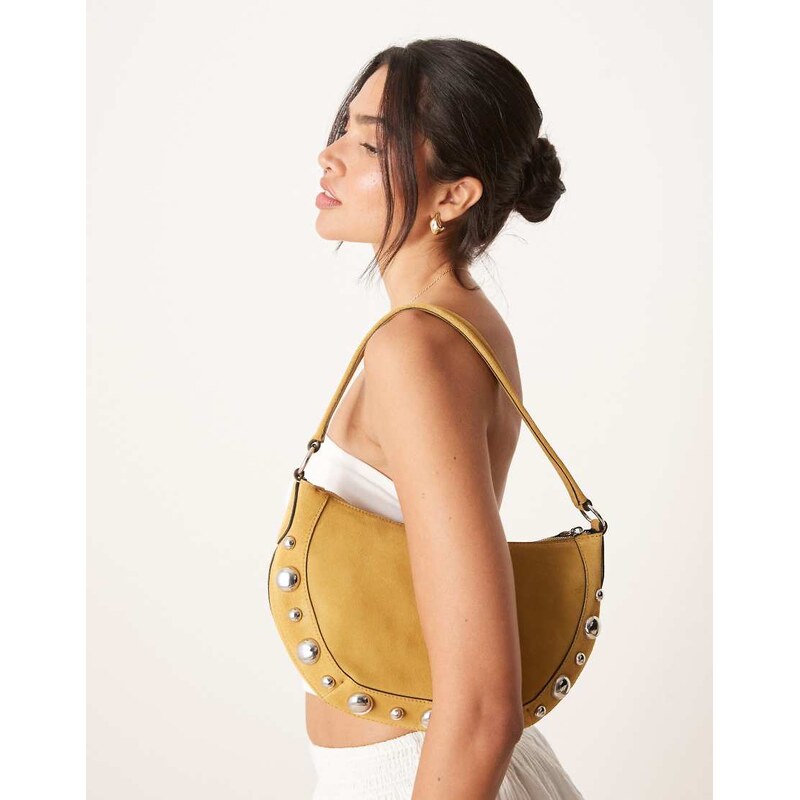 Mango studded detail leather hand bag with fringe trim in tan-Brown 106914162
