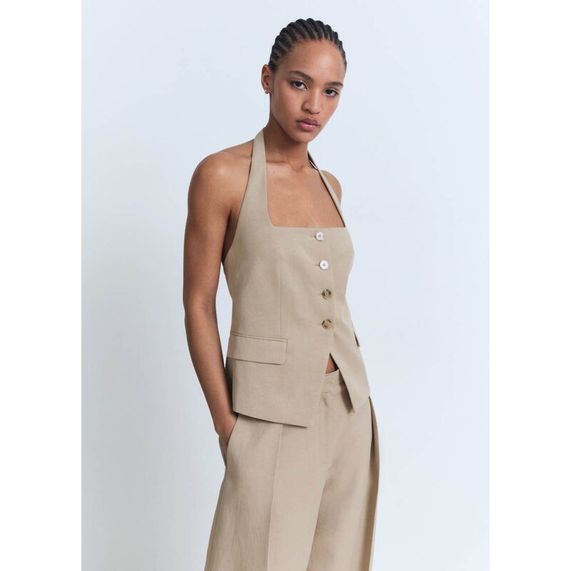 Mango cotton mix tailored halter waistcoat co-ord in stone-Neutral 106914175