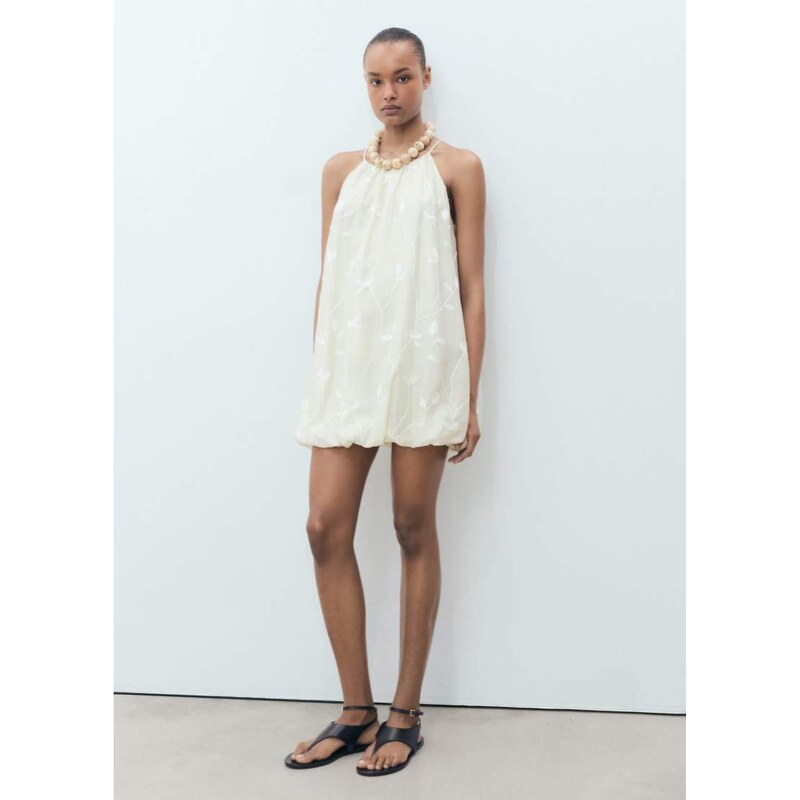 Mango halter neck dress with puff hem and flower embroidery in cream 106914190