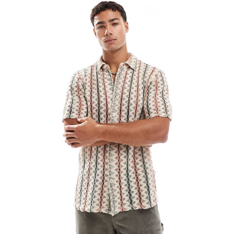 ONLY & SONS crochet shirt in beige and sage-Neutral
