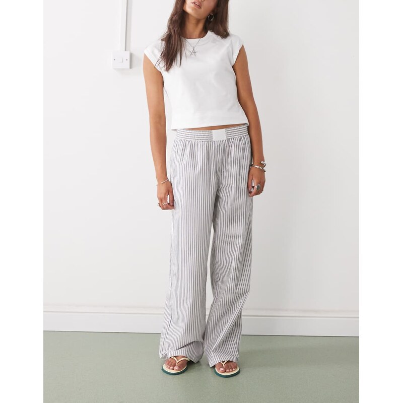 Lioness poplin boxer style waistband wide leg trousers in blue &