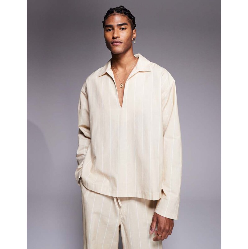 ASOS DESIGN co-ord oversized overhead stripe shirt in beige