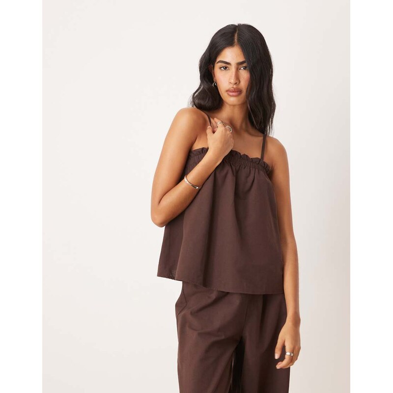 ASOS DESIGN linen blend trapeze cami top in chocolate co ord-Brown 115514082