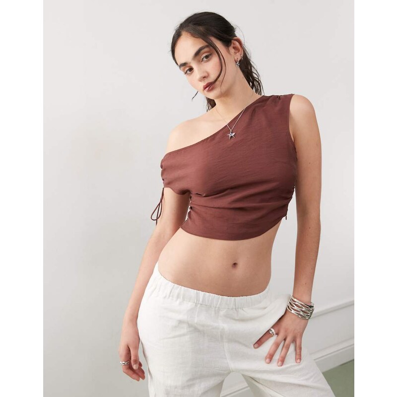 Monki one shoulder top with ruched sides and tie detail in dark brown 108115047