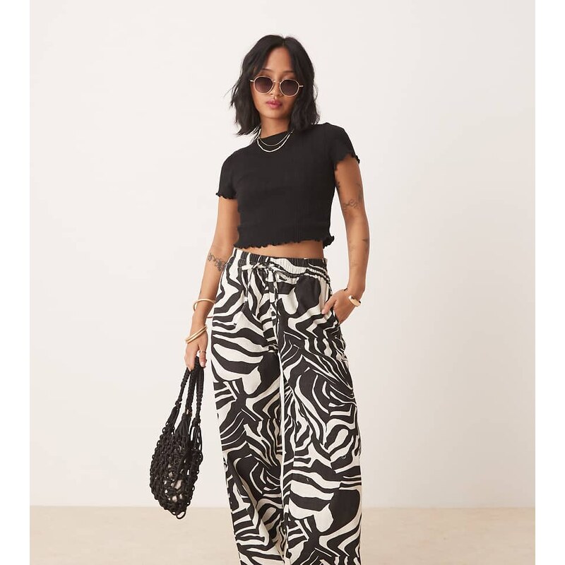 ASOS Petite ASOS DESIGN Petite linen look pull on trousers in spliced 115667076