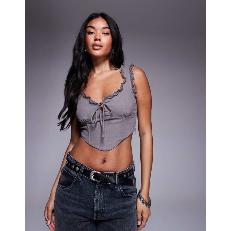 Princess Polly Scarlett tie front frill trim corset top in grey