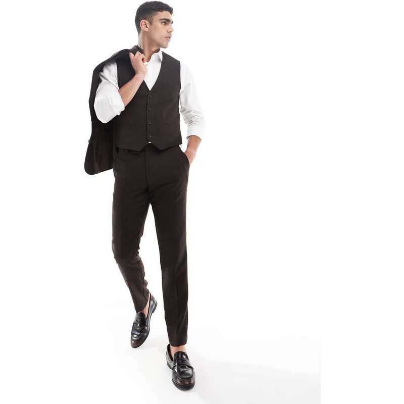 ASOS DESIGN wool rich slim suit waistcoat in brown herringbone