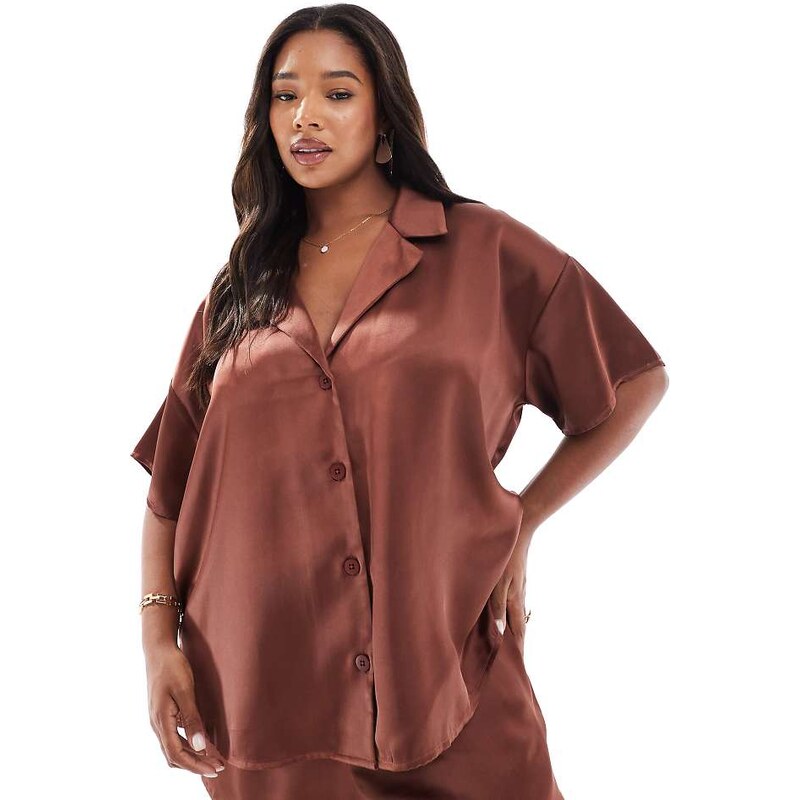 ASOS Curve ASOS DESIGN Curve satin short sleeve shirt co-ord in brown 115510901