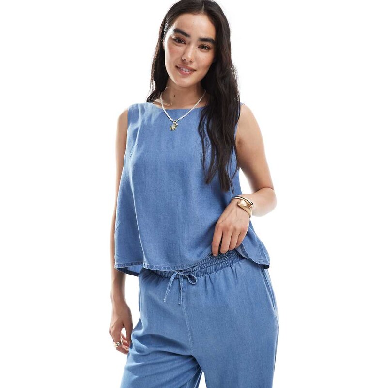 Vero Moda sleeveless tie front top co-ord in blue chambray 107013986