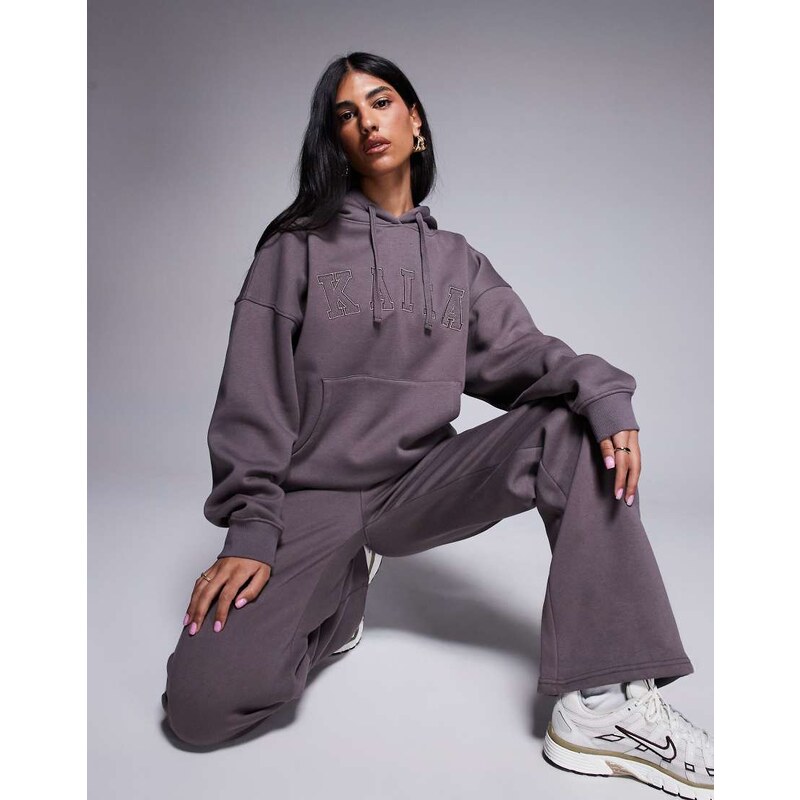 Kaiia cotton rich logo oversized hoodie co-ord in taupe-Brown 107014021