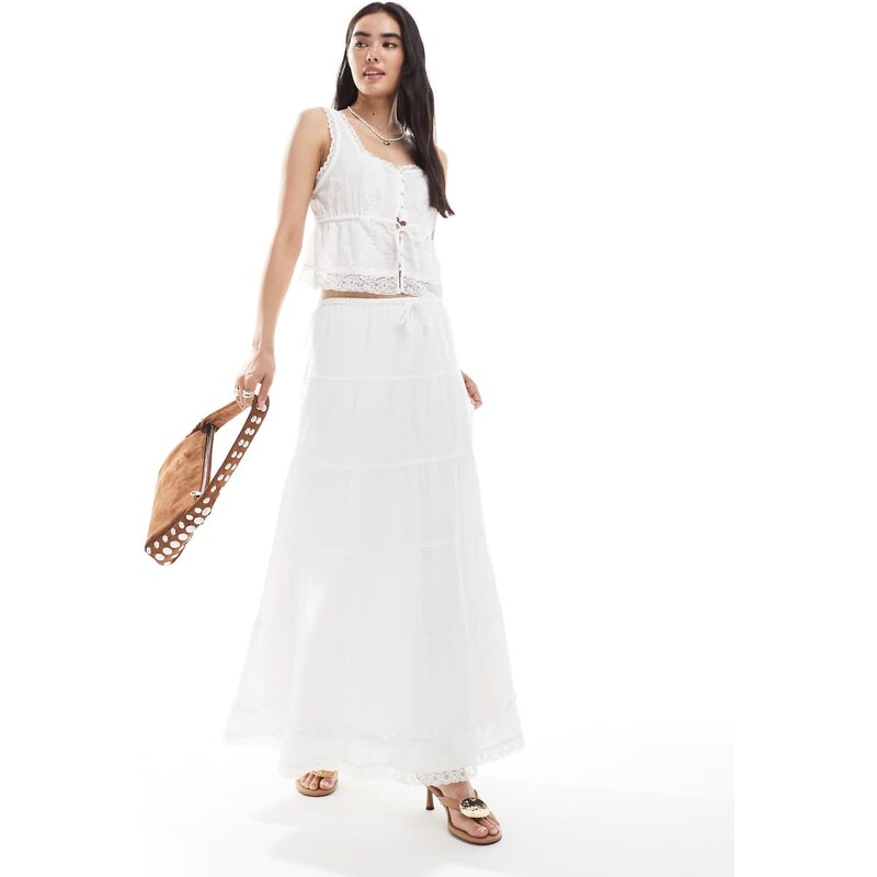 Vero Moda lace trim tiered boho maxi skirt co-ord in white 107014027