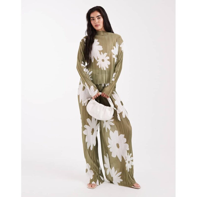 Object plisse long sleeve top co-ord in olive flower print-Green 107014039