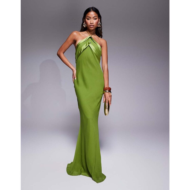 ASOS DESIGN satin tape halter maxi dress in green 109726834