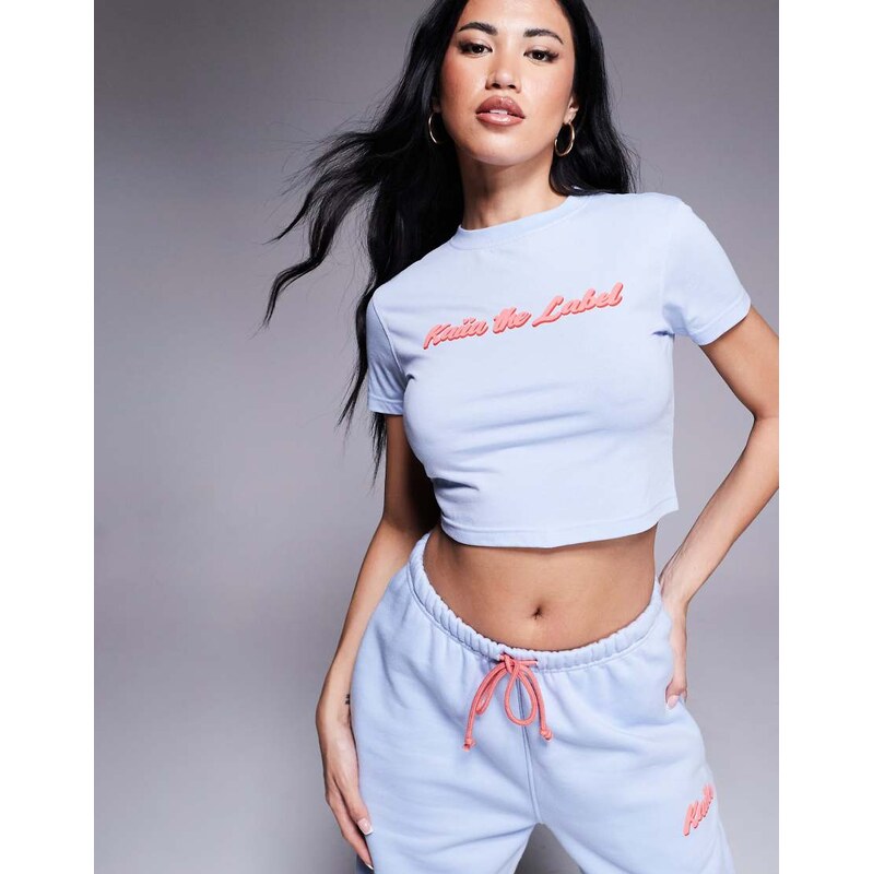 Kaiia cotton rich puff printed logo cropped baby tee co-ord in