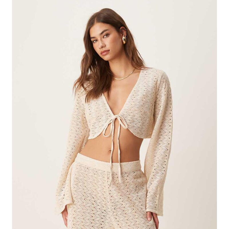 Aray crochet long sleeve beach top co-ord in beige-Neutral