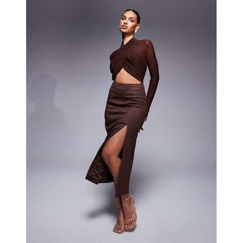 Bardot Dante vegan suede midi skirt in chocolate-Brown