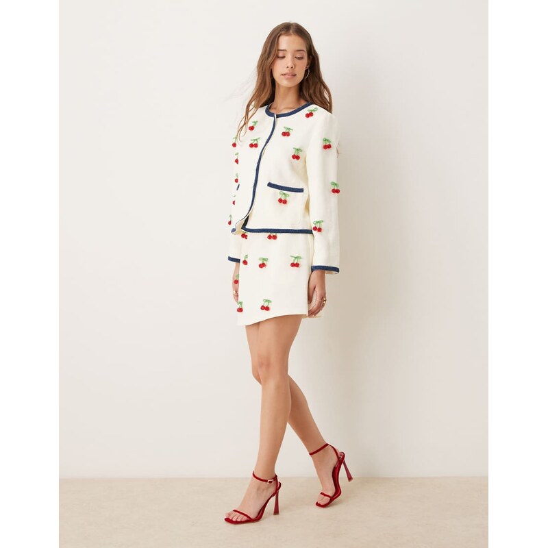 Sister Jane cherry embellished tweed mini skirt co-ord in cream-White 107014109