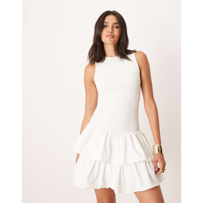 Sister Jane ruffle skirt ribbed mini dress in ivory-White