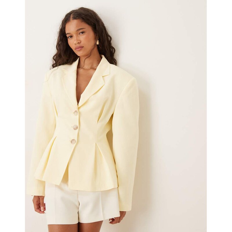 ASOS DESIGN linen blend cinch waist blazer in buttermilk-Yellow 107014123