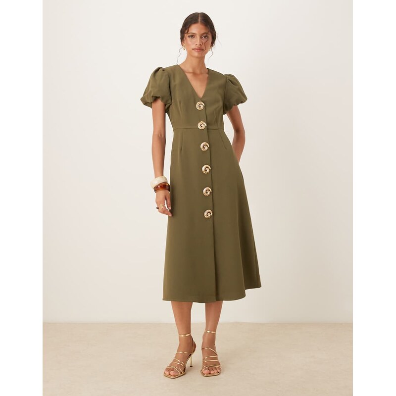 Sister Jane embellished button midi dress in deep olive-Green