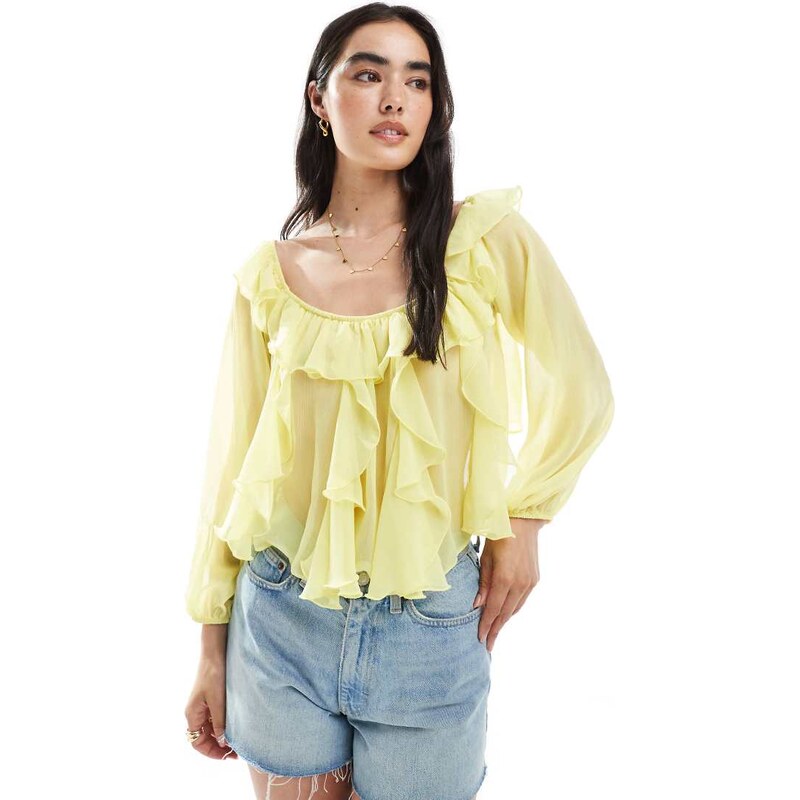 Miss Selfridge bardot chiffon blouse in buttermilk-Orange 107020276