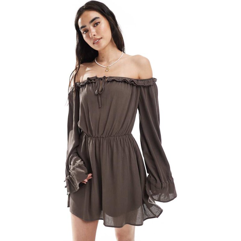 Miss Selfridge bardot ruffle boho mini dress in brown