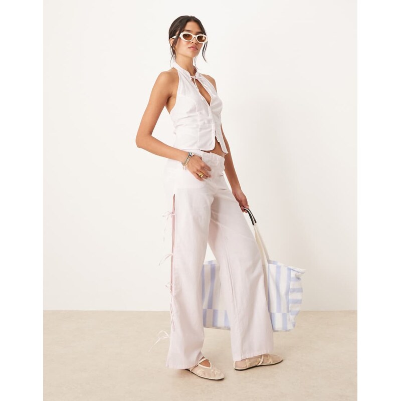 Mango cotton mix bow side straight leg trouser co-ord in pink 107020268