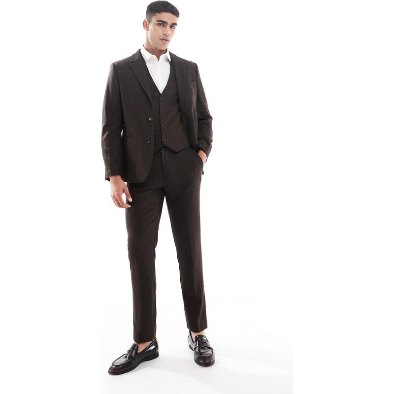 ASOS DESIGN wool rich slim suit trousers in brown herringbone