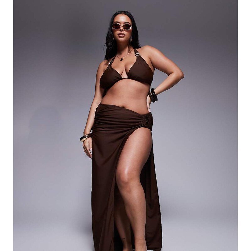 Moda Minx Curve wrap maxi skirt in brown 107119184