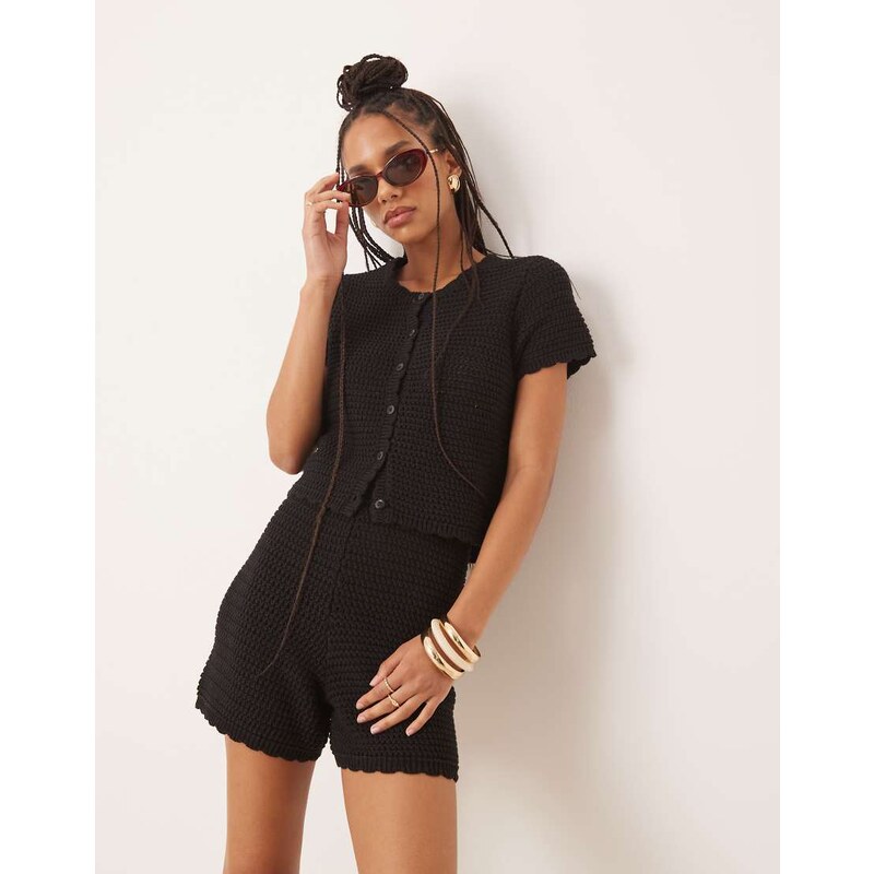 Gina Tricot co-ord crochet button up short sleeve top in black