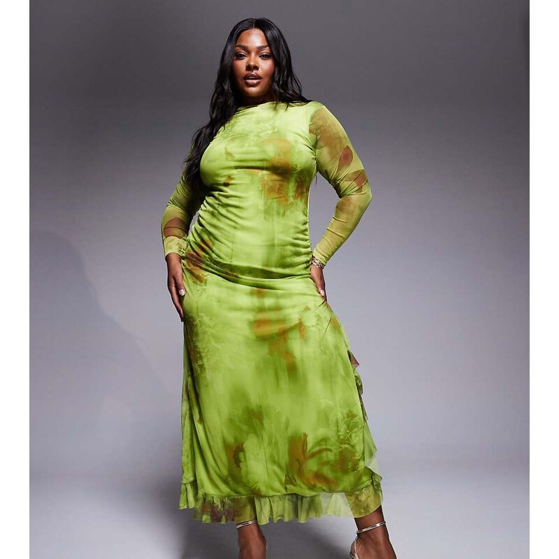 ASOS Curve ASOS DESIGN Curve long sleeve printed mesh ruffle maxi 107044123
