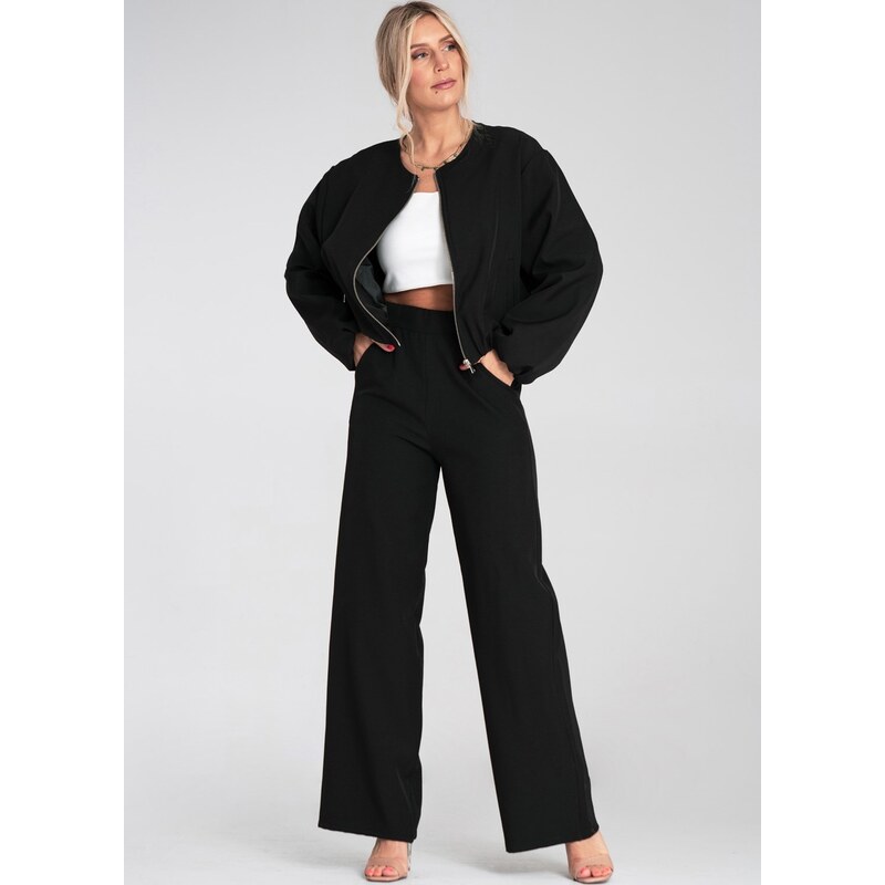 FIGL Černé dámské široké kalhoty s elastickým pasem M1197 Black