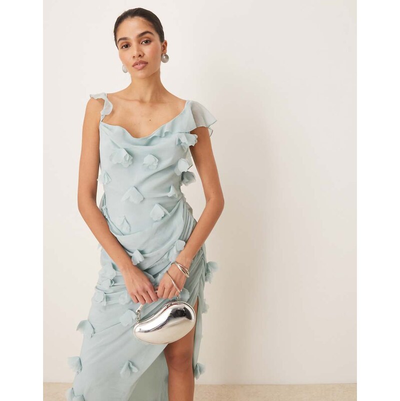 ASOS DESIGN 3D flower draped ruffle sleeve midaxi dress with open back 115165553